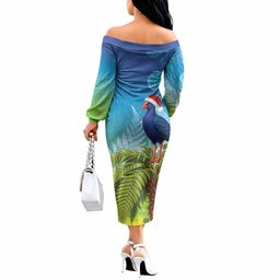 New Zealand Christmas Off The Shoulder Long Sleeve Dress Pukeko With Ponga Tree Silver Fern