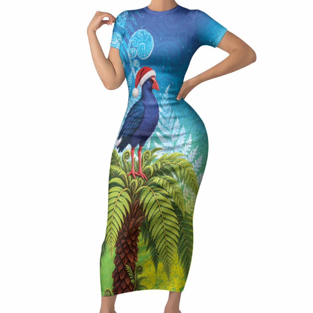 New Zealand Christmas Short Sleeve Bodycon Dress Pukeko With Ponga Tree Silver Fern