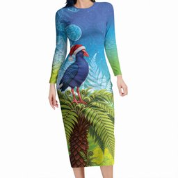 New Zealand Christmas Long Sleeve Bodycon Dress Pukeko With Ponga Tree Silver Fern