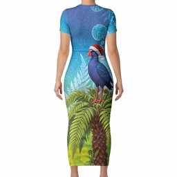 New Zealand Christmas Short Sleeve Bodycon Dress Pukeko With Ponga Tree Silver Fern