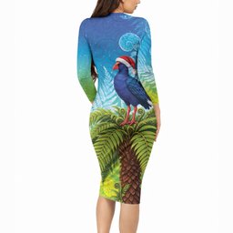New Zealand Christmas Long Sleeve Bodycon Dress Pukeko With Ponga Tree Silver Fern
