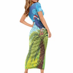 New Zealand Christmas Short Sleeve Bodycon Dress Pukeko With Ponga Tree Silver Fern