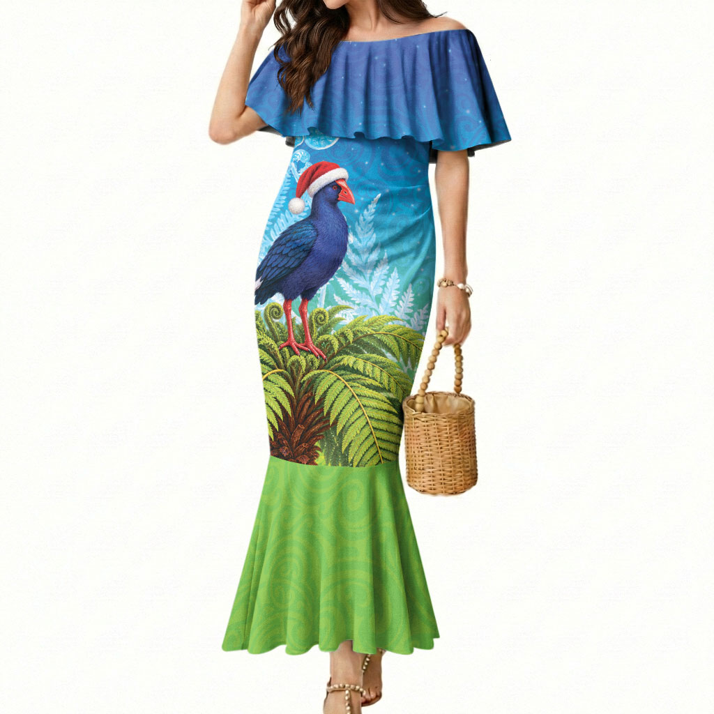 New Zealand Christmas Mermaid Dress Pukeko With Ponga Tree Silver Fern