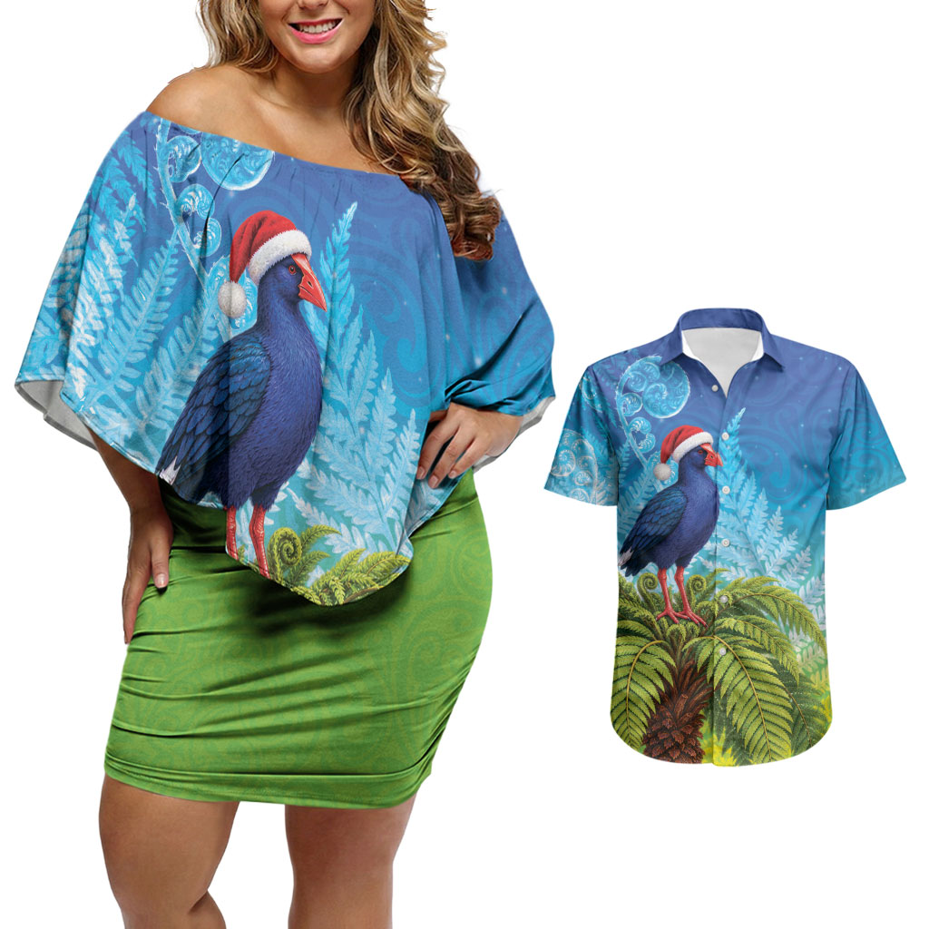 New Zealand Christmas Couples Matching Off Shoulder Short Dress and Hawaiian Shirt Pukeko With Ponga Tree Silver Fern