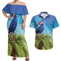 New Zealand Christmas Couples Matching Off Shoulder Maxi Dress and Hawaiian Shirt Pukeko With Ponga Tree Silver Fern