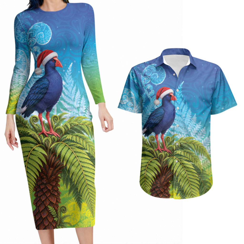 New Zealand Christmas Couples Matching Long Sleeve Bodycon Dress and Hawaiian Shirt Pukeko With Ponga Tree Silver Fern