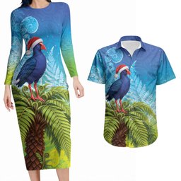 New Zealand Christmas Couples Matching Long Sleeve Bodycon Dress and Hawaiian Shirt Pukeko With Ponga Tree Silver Fern