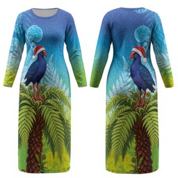 New Zealand Christmas Couples Matching Long Sleeve Bodycon Dress and Hawaiian Shirt Pukeko With Ponga Tree Silver Fern