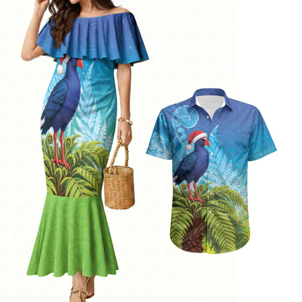 New Zealand Christmas Couples Matching Mermaid Dress and Hawaiian Shirt Pukeko With Ponga Tree Silver Fern