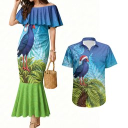 New Zealand Christmas Couples Matching Mermaid Dress and Hawaiian Shirt Pukeko With Ponga Tree Silver Fern