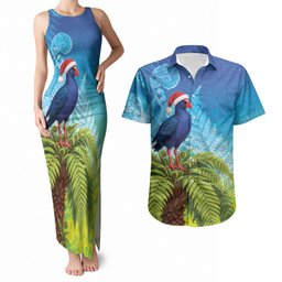 New Zealand Christmas Couples Matching Tank Maxi Dress and Hawaiian Shirt Pukeko With Ponga Tree Silver Fern
