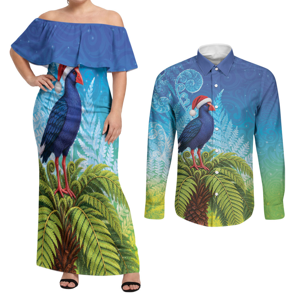 New Zealand Christmas Couples Matching Off Shoulder Maxi Dress and Long Sleeve Button Shirt Pukeko With Ponga Tree Silver Fern