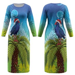 New Zealand Christmas Couples Matching Long Sleeve Bodycon Dress and Long Sleeve Button Shirt Pukeko With Ponga Tree Silver Fern