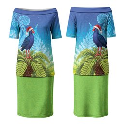 New Zealand Christmas Couples Matching Puletasi and Long Sleeve Button Shirt Pukeko With Ponga Tree Silver Fern