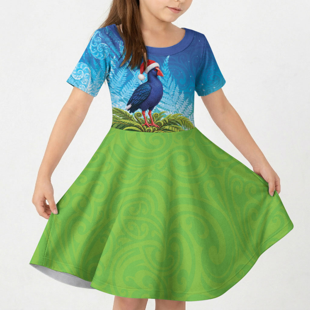 New Zealand Christmas Kid Short Sleeve Dress Pukeko With Ponga Tree Silver Fern