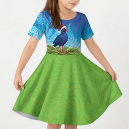 New Zealand Christmas Kid Short Sleeve Dress Pukeko With Ponga Tree Silver Fern