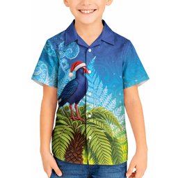 New Zealand Christmas Kid Hawaiian Shirt Pukeko With Ponga Tree Silver Fern