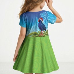 New Zealand Christmas Kid Short Sleeve Dress Pukeko With Ponga Tree Silver Fern