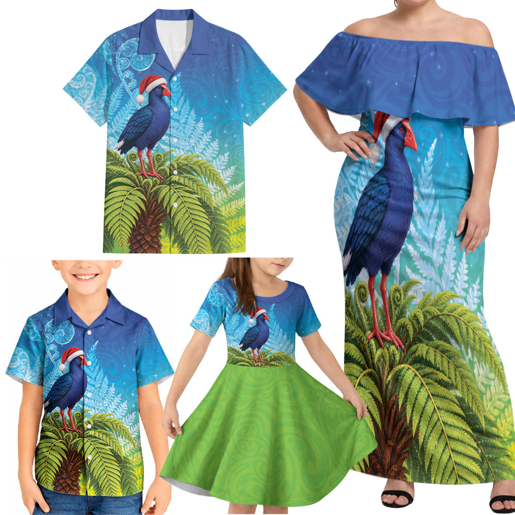New Zealand Christmas Family Matching Off Shoulder Maxi Dress and Hawaiian Shirt Pukeko With Ponga Tree Silver Fern