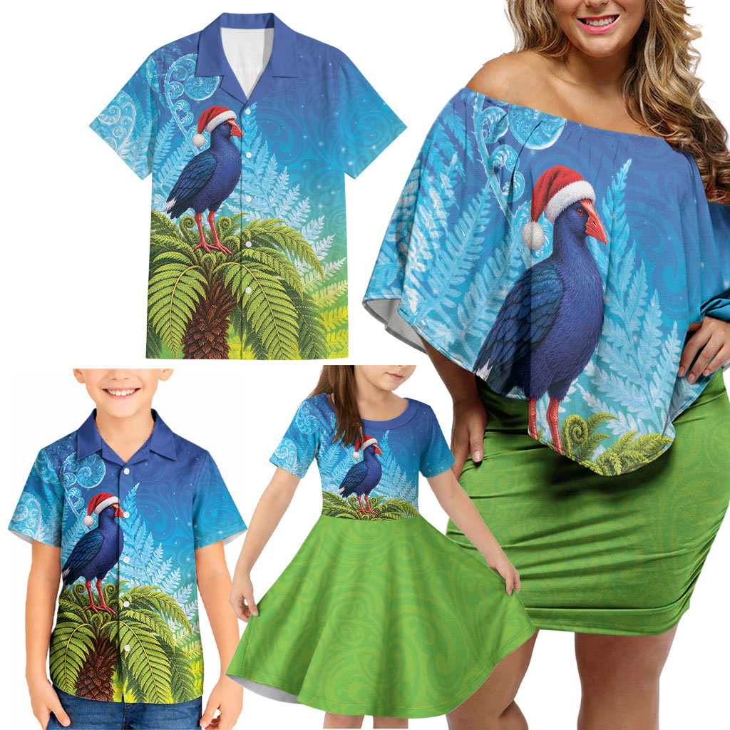 New Zealand Christmas Family Matching Off Shoulder Short Dress and Hawaiian Shirt Pukeko With Ponga Tree Silver Fern