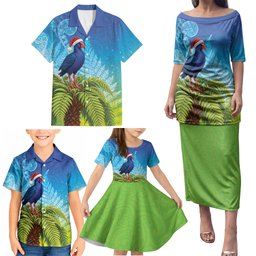 New Zealand Christmas Family Matching Puletasi and Hawaiian Shirt Pukeko With Ponga Tree Silver Fern