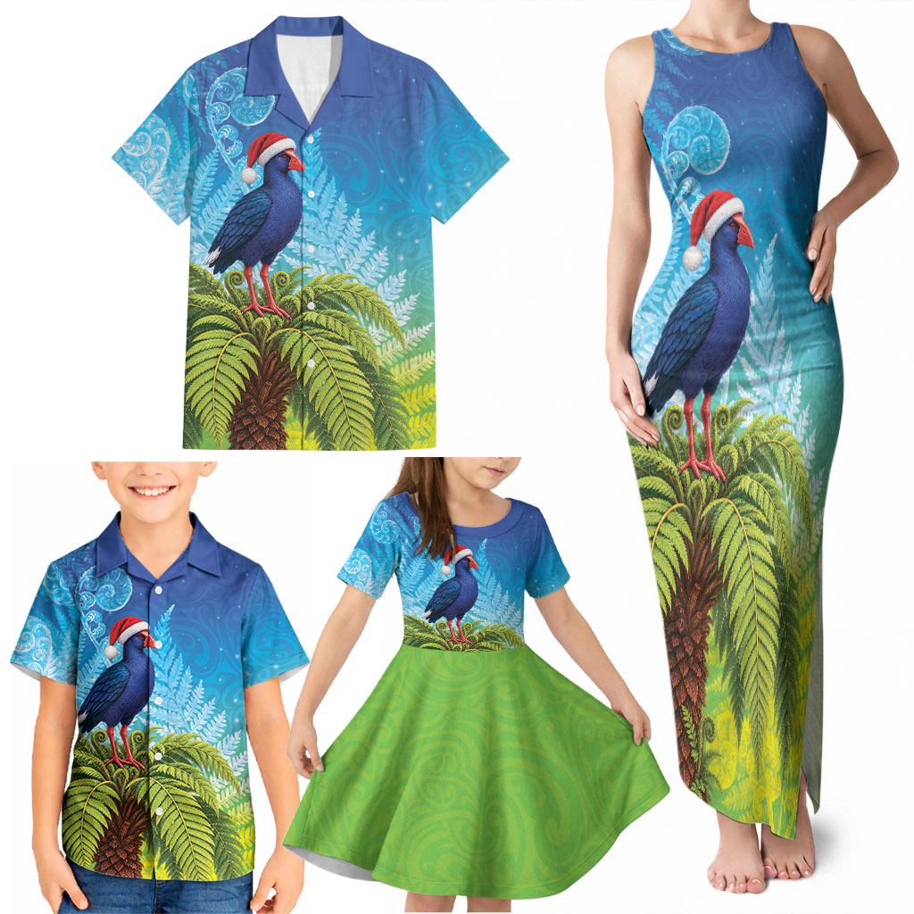 New Zealand Christmas Family Matching Tank Maxi Dress and Hawaiian Shirt Pukeko With Ponga Tree Silver Fern