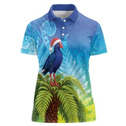 New Zealand Christmas Women Polo Shirt Pukeko With Ponga Tree Silver Fern