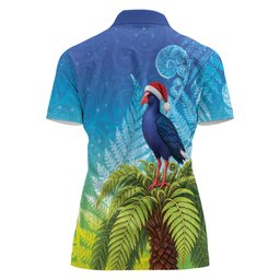 New Zealand Christmas Women Polo Shirt Pukeko With Ponga Tree Silver Fern