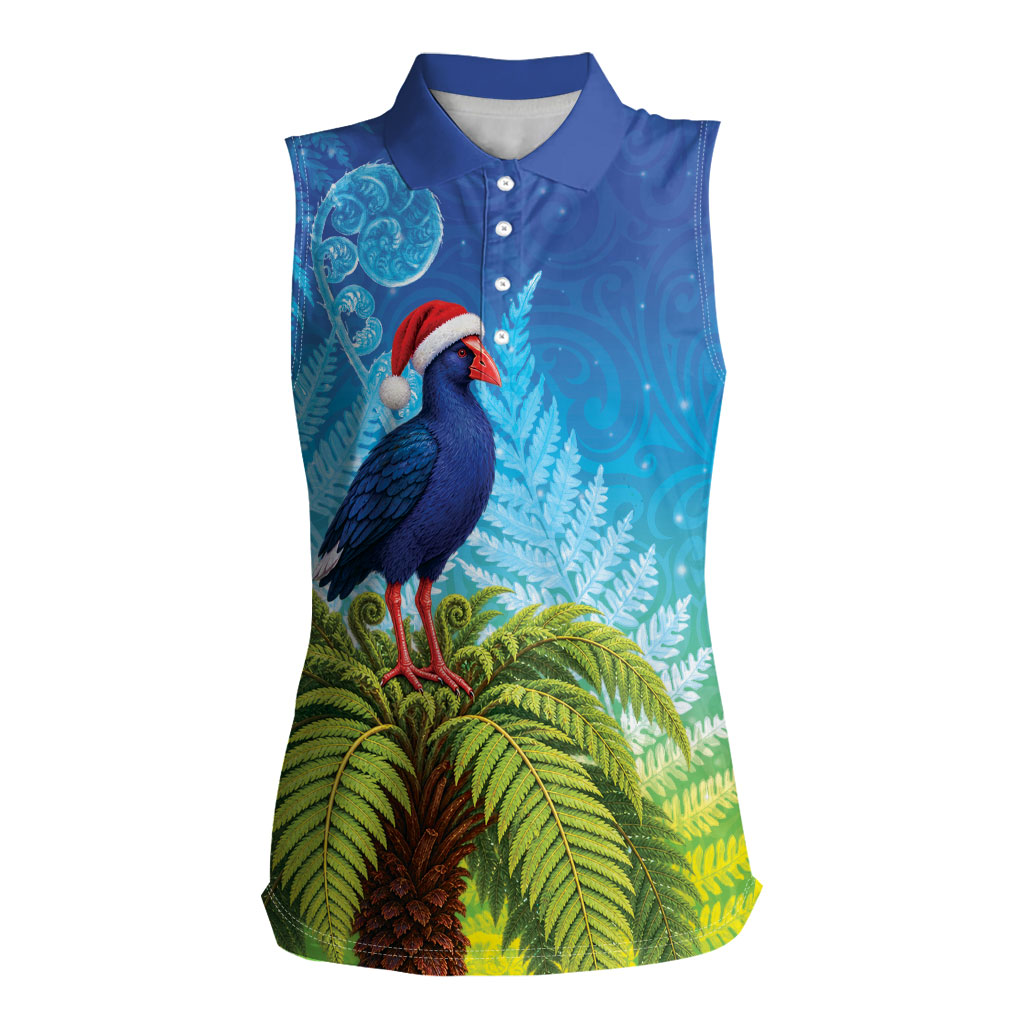New Zealand Christmas Women Sleeveless Polo Shirt Pukeko With Ponga Tree Silver Fern