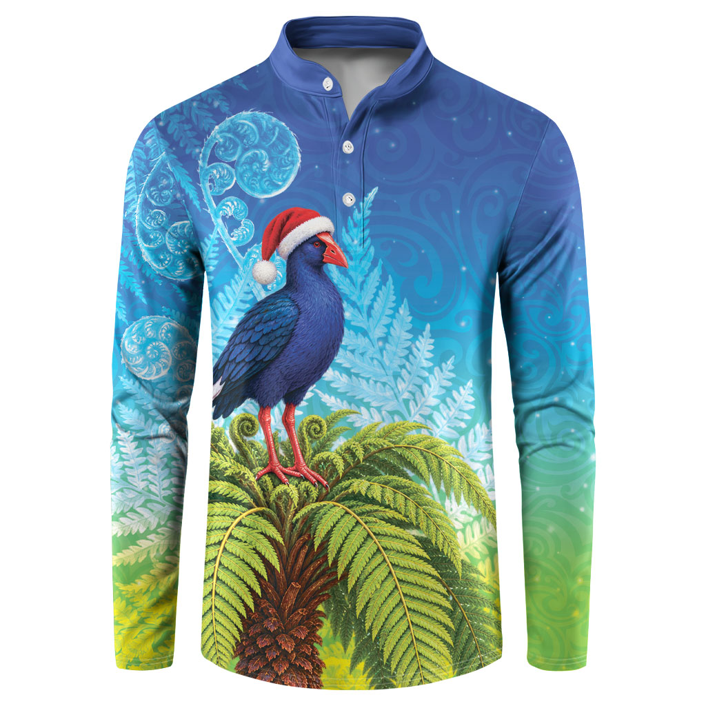 New Zealand Christmas Button Sweatshirt Pukeko With Ponga Tree Silver Fern