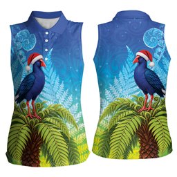 New Zealand Christmas Women Sleeveless Polo Shirt Pukeko With Ponga Tree Silver Fern