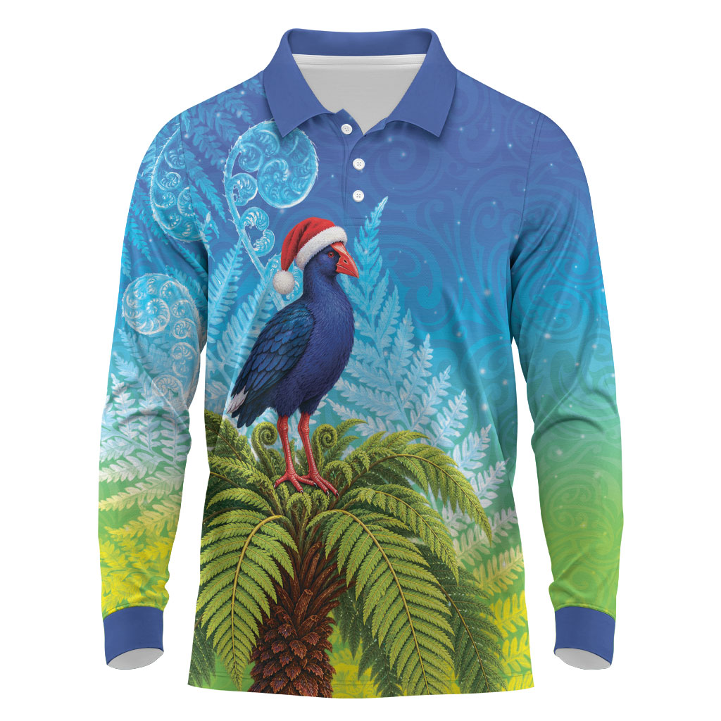 New Zealand Christmas Long Sleeve Polo Shirt Pukeko With Ponga Tree Silver Fern