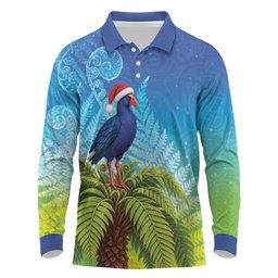 New Zealand Christmas Long Sleeve Polo Shirt Pukeko With Ponga Tree Silver Fern