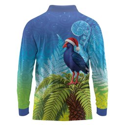 New Zealand Christmas Long Sleeve Polo Shirt Pukeko With Ponga Tree Silver Fern