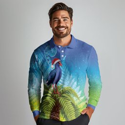 New Zealand Christmas Long Sleeve Polo Shirt Pukeko With Ponga Tree Silver Fern