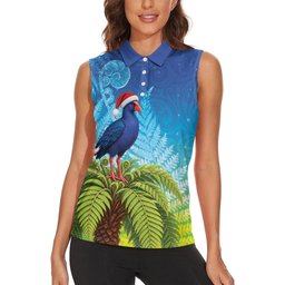 New Zealand Christmas Women Sleeveless Polo Shirt Pukeko With Ponga Tree Silver Fern