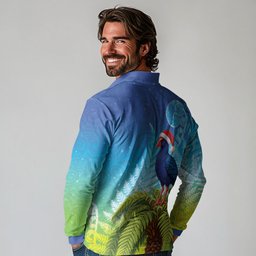 New Zealand Christmas Long Sleeve Polo Shirt Pukeko With Ponga Tree Silver Fern