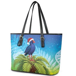 New Zealand Christmas Leather Tote Bag Pukeko With Ponga Tree Silver Fern