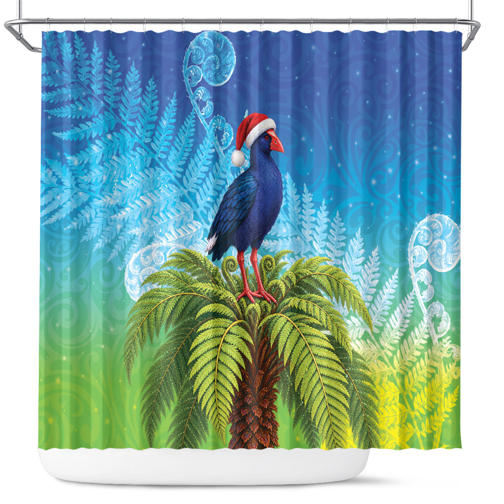 New Zealand Christmas Shower Curtain Pukeko With Ponga Tree Silver Fern