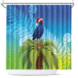 New Zealand Christmas Shower Curtain Pukeko With Ponga Tree Silver Fern