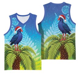 New Zealand Christmas Basketball Jersey Pukeko With Ponga Tree Silver Fern