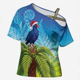 New Zealand Christmas Cross Shoulder Shirt Pukeko With Ponga Tree Silver Fern