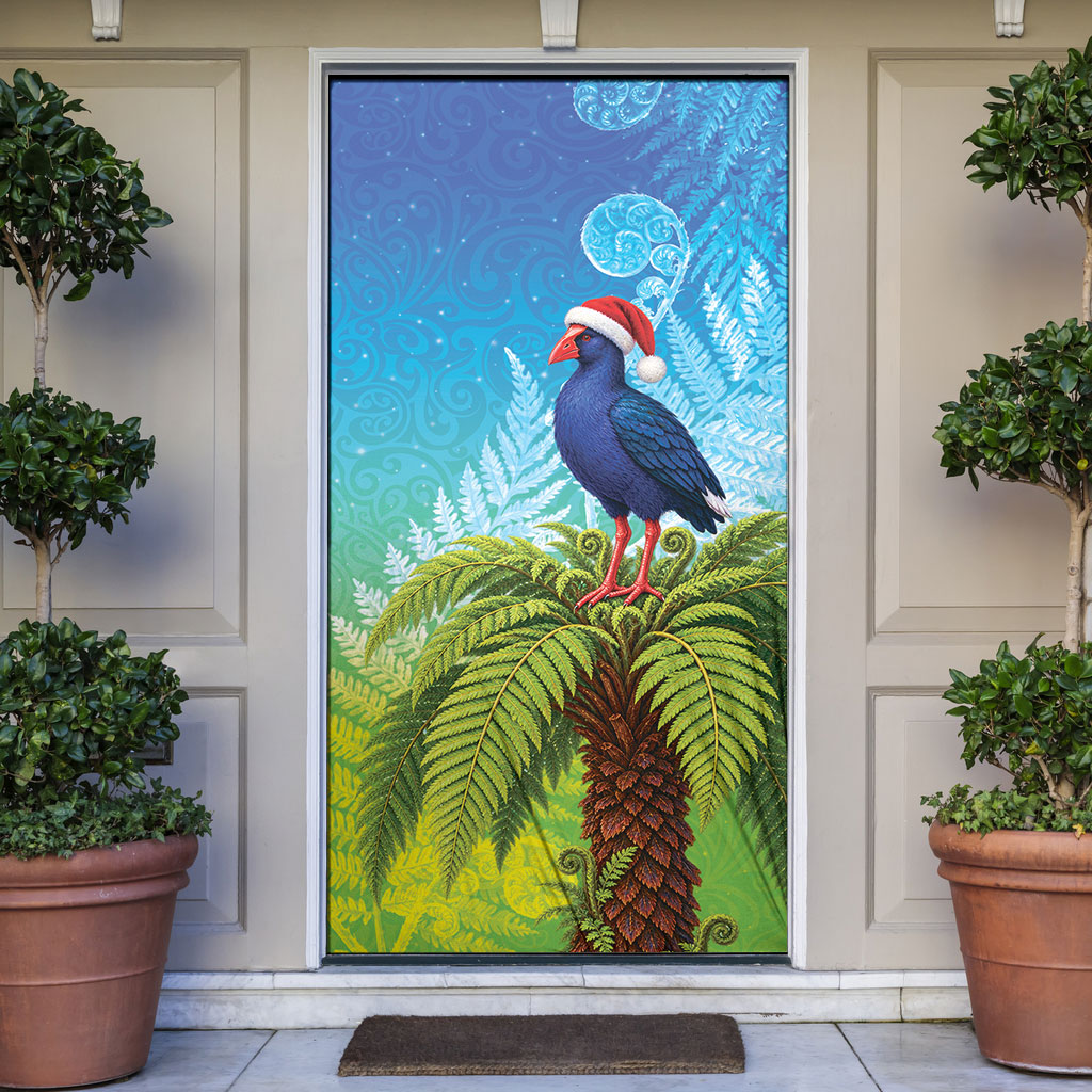 New Zealand Christmas Door Cover Pukeko With Ponga Tree Silver Fern