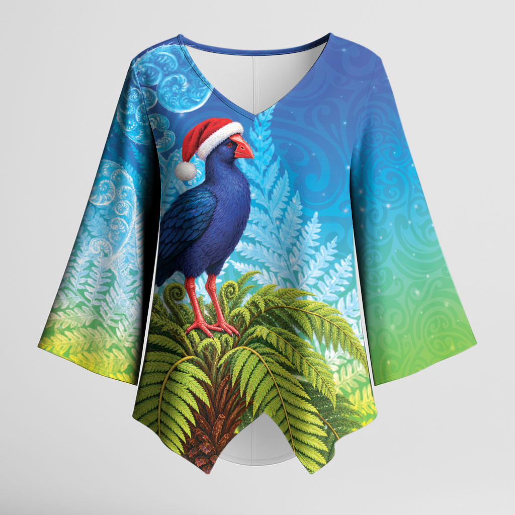 New Zealand Christmas Kimono Sleeve Blouse Pukeko With Ponga Tree Silver Fern