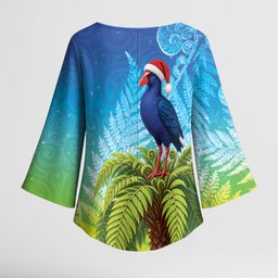 New Zealand Christmas Kimono Sleeve Blouse Pukeko With Ponga Tree Silver Fern