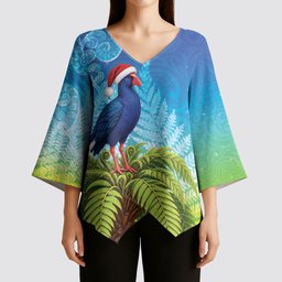 New Zealand Christmas Kimono Sleeve Blouse Pukeko With Ponga Tree Silver Fern