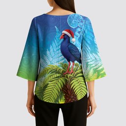 New Zealand Christmas Kimono Sleeve Blouse Pukeko With Ponga Tree Silver Fern