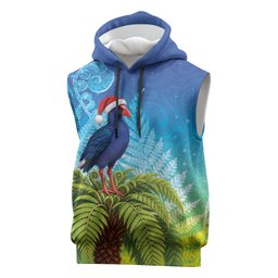 New Zealand Christmas Sleeveless Hoodie Pukeko With Ponga Tree Silver Fern