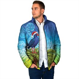 New Zealand Christmas Padded Jacket Pukeko With Ponga Tree Silver Fern