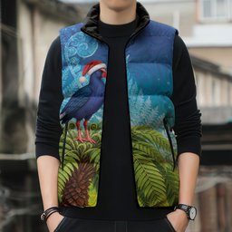 New Zealand Christmas Sleeveless Puffer Jacket Pukeko With Ponga Tree Silver Fern